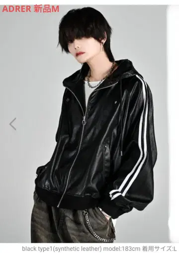 ADRER 라인 슬리브 트랙 지퍼 후드티 자켓 인조 가죽 블랙 M