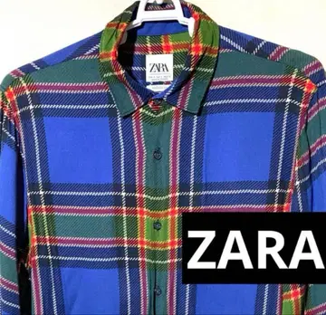 ZARA S M 레이온 레어 체크 파랑 그린 패턴 올 패턴 긴팔 셔츠