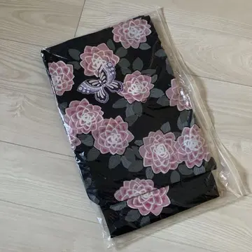 새상품급 유카타 부쇼안 블랙 베이스 꽃무늬 나비 달리아 핑크