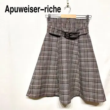 Apuweiser-riche 플레어 스커트 무릎 기장 체크 무늬 벨트