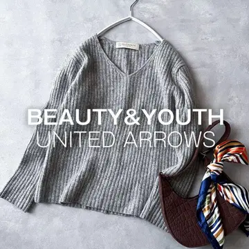B&Y 유나이티드 애로우즈 울 니트 스웨터 리브 V넥 그레이A