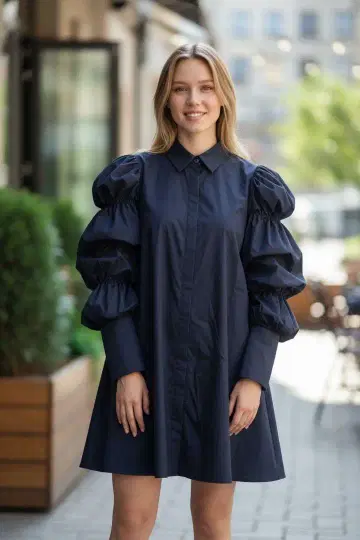 M535 eimy 퍼프 슬리브 티어드 슬리브 오버 셔츠 드레스