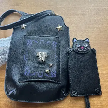 ANNA SUI 블랙 스마트폰 숄더백 고양이형 카드 케이스 포함