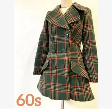 60s 그린 레드 체크 무늬 피코트 코트 원피스풍 개성파