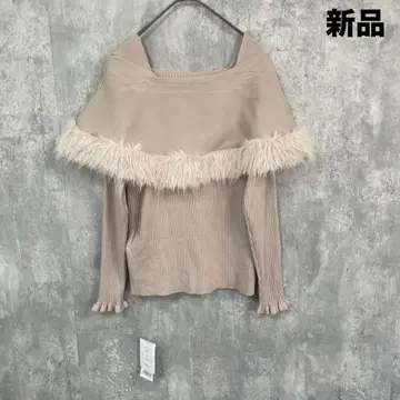 tocco closet 퍼 달린 케이프 같은 소매 프릴 리브 니트 풀오버