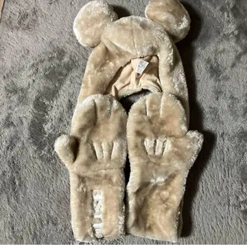 디즈니 머플러 후드 부착 팬캡 미키 베이지