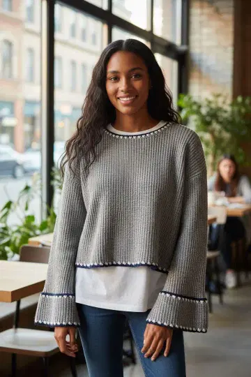 M551 새상품급 BEAMS HEART 그레이 크롭 플레어 슬리브 스웨터