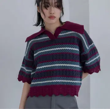 VACANCY 크로셰 편물 멀티 보더 폴로 니트 보르도