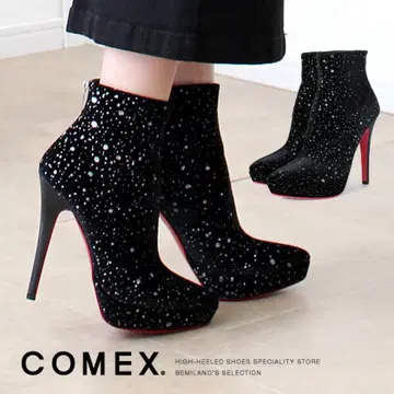COMEX 숏부츠 하이힐 부츠 벨벳 라메 블랙