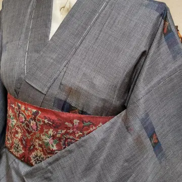 순수 실크 본장 오시마 명주 5말기 가로 줄기 꽃 직조 기모노 (509)