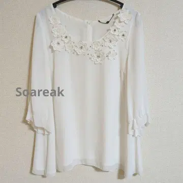 Soareak 쉬폰 블라우스 꽃 비즈 7부 소매 귀여운
