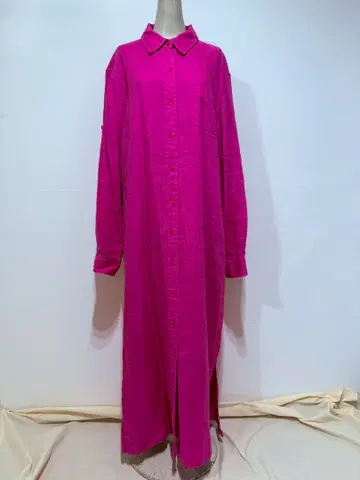 핑크 긴팔 린넨 셔츠 원피스