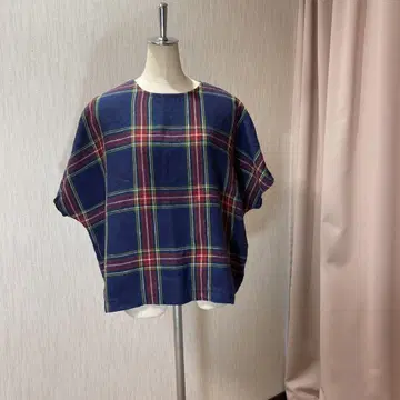 블루윌로우 네이비와 레드 체크 무늬 린넨 100% 반팔 셔츠