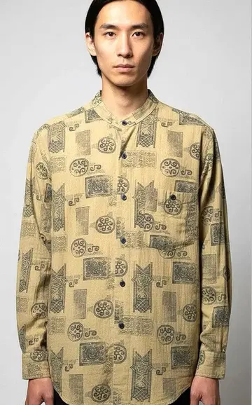 빈티지 L 긴팔 패턴 올 패턴 노카라 밴드 카라 셔츠