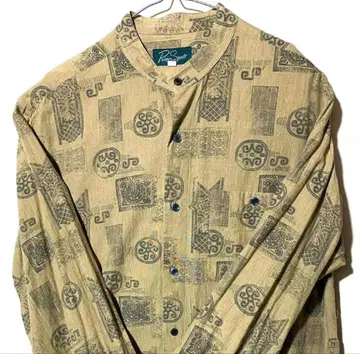 빈티지 L 긴팔 패턴 올 패턴 노카라 밴드 카라 셔츠