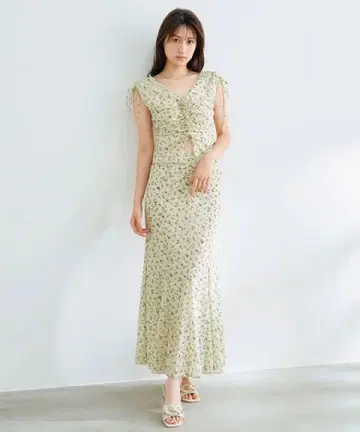 메쉬 프린트 개더 원피스