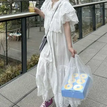 화이트 레이스 개더 반팔 롱 원피스 w closet