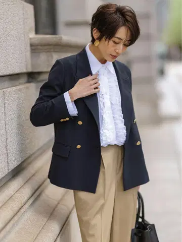 미라 오웬 금장 버튼 더블 블레이저