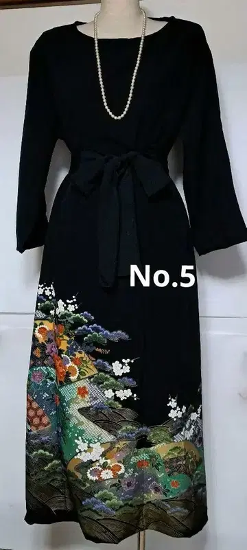 블랙 전통 예복 기모노 리메이크 꽃무늬 롱 드레스