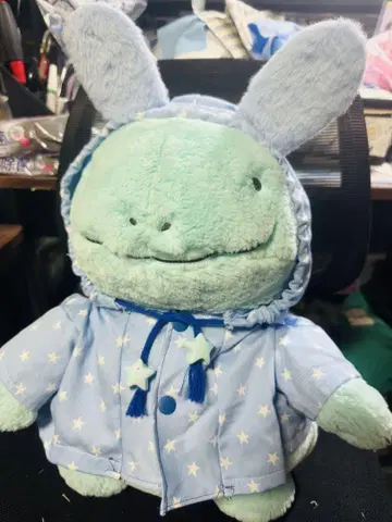 스카이블루 별 패턴 토끼 귀 달린 프론트 오픈 후드티 누오용