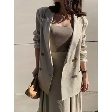 anuans 린넨 더블 자켓 베이지 린넨 혼합 테일러드 자켓