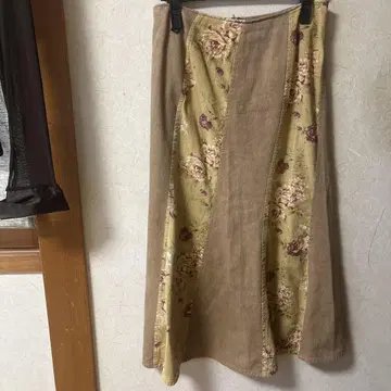 베이지 꽃무늬 롱 스커트 코튼