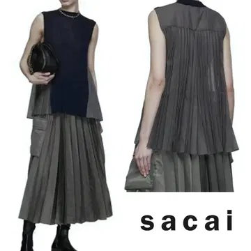 sacai 니트 프론트 플리츠 백 2 글렌체크 슬리브리스 상의