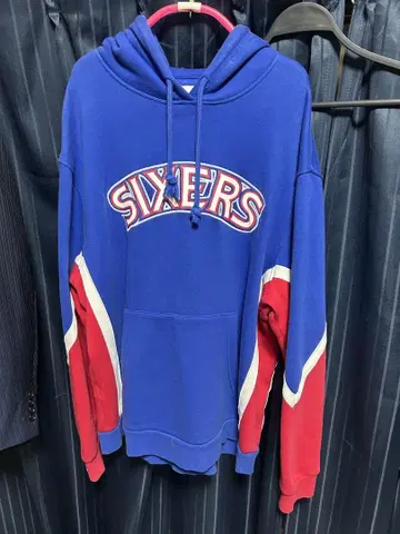 [레어] mitchell SIXERS 후드 부착 후드티 파랑 빨간색 XL