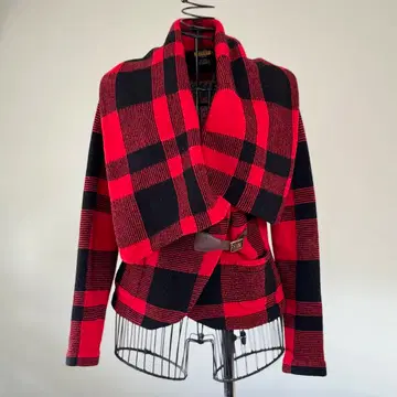 랄프 로렌 RUGBY 빨간색과 블랙 체크 무늬 랩 니트 자켓
