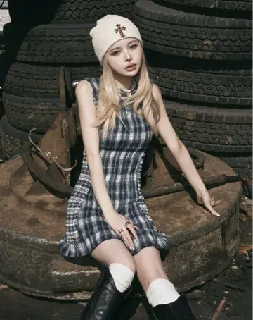 Darich 체크 콤비 미니 원피스 FREE 네이비