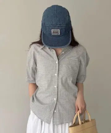 GIUNON 퍼프 슬리브 체크 셔츠 그레이