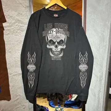 00's Harley Davidson 스컬 타투 롱T