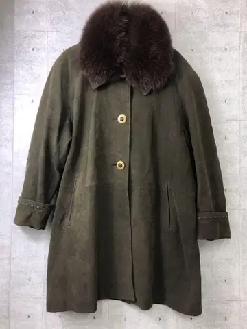 그루피 vibes 일본산 구제 의류 볼륨 퍼 옷깃 스웨이드 가죽 롱 코트