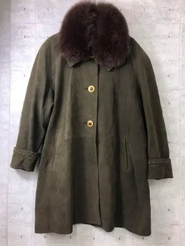 그루피 vibes 일본산 구제 의류 볼륨 퍼 옷깃 스웨이드 가죽 롱 코트