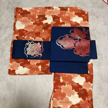 순수 실크 나고야 오비 네이비 바탕 꽃 나비 오비(약 24cm)