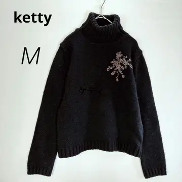 c9034 [ 케티 ] 울 블렌드 터틀 니트 블랙 M 꽃 자수 숏 기장
