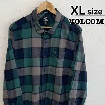 VOLCOM 플란넬 셔츠 XL 그린 그레이 블록 체크 구제 의류