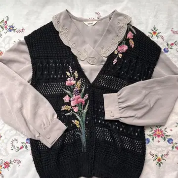 vintage 구제 의류 꽃 자수 손뜨개질 니트 베스트 블랙