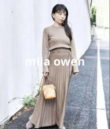 mila owen 허리 리본 니트 플리츠 원피스 모카 베이지