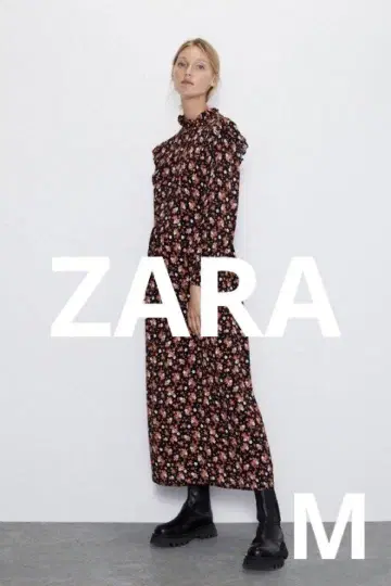 ZARA 자라 미니 꽃무늬 블랙 x 빨간색 롱 원피스 맥시 원피스 M
