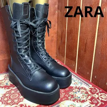 ZARA 레이스업 통굽 부츠 블랙 37