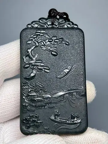 중국 미술 정품 화전 청옥 목걸이 액세서리 산수도 세공 부조 감정서 포함