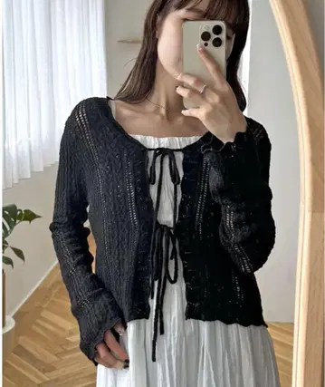 umm. 스카시 앞 리본 가디건 블랙