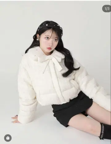 M me eme 리본 트위드 숏 다운 자켓