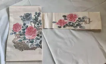 나고야 오비 / 불규칙 패턴 / 옅은 크림색 바탕에 장미꽃 / 라메 믹스