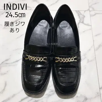 INDIVI 플랫 로퍼 24.5cm 천연 가죽 에나멜 블랙