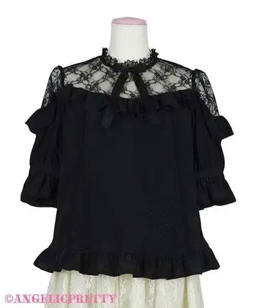 Lacy Frill 반팔 블라우스 (블랙) AngelicPretty