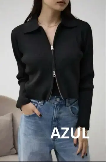 아즈르 더블 지퍼 리브 니트 가디건 블랙