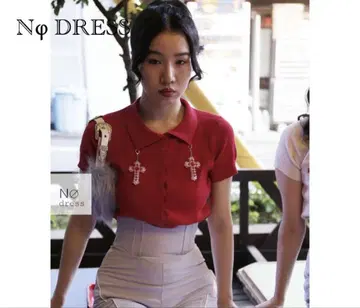 Nodress 반팔 상의 니트 폴로 가디건 비즈 액세서리 포함