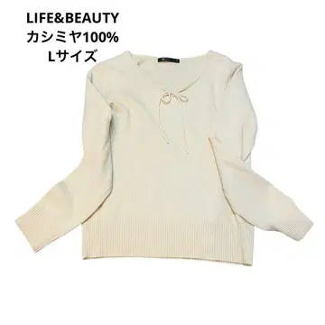 LIFE&BEAUTY 캐시미어 100% 아이보리 V넥 스웨터 리본